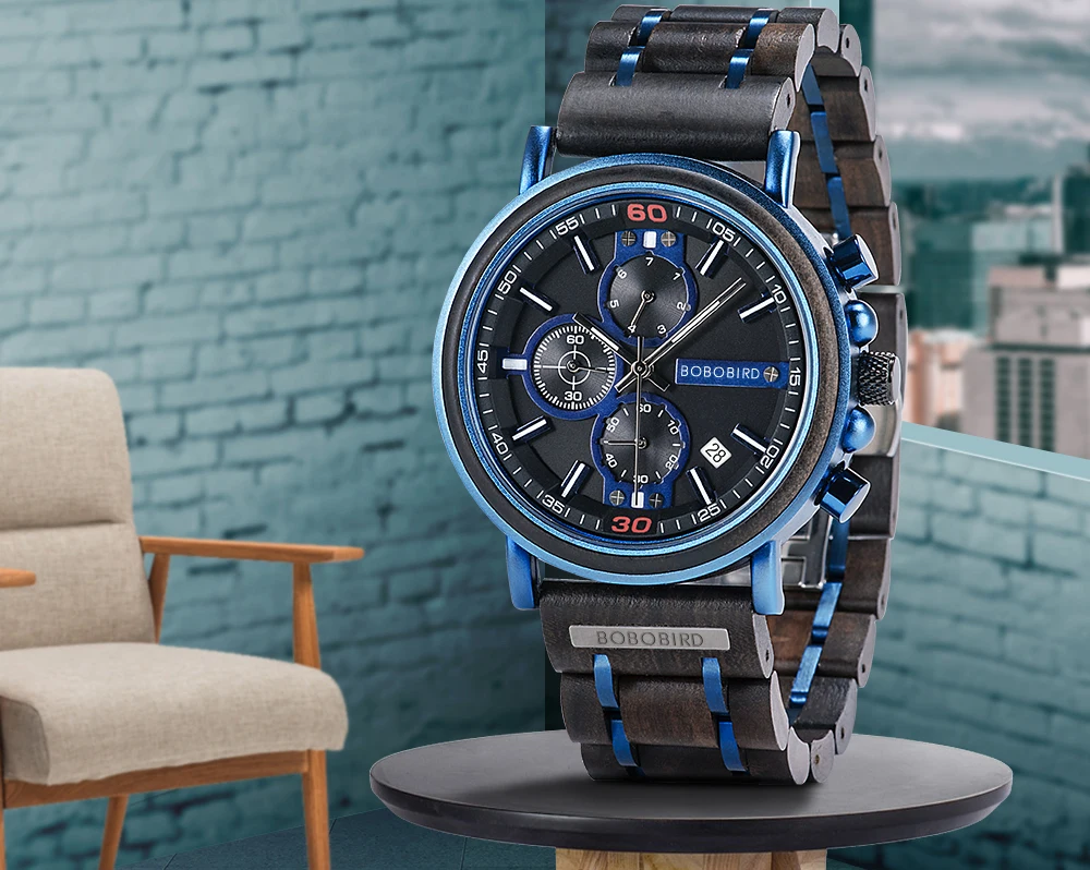 reloj hombre bobo bird new wooden watch men top brand luxury chronograph military quartz watches for man dropshipping customized Wooden blue men's watch