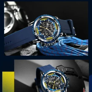 Blue and yellow analog watch