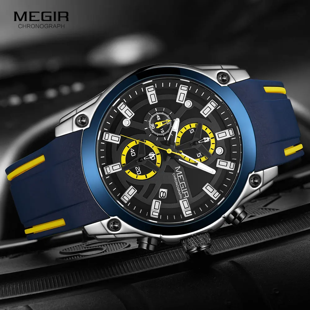 megir men's military sport watches men waterproof fashion blue silicone strap wristwatch man luxury top brand luminous watch Blue and yellow chronograph watch