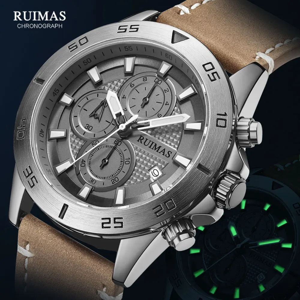 megir & ruimas 2020 chronograph quartz watches men fashion luxury leather strap wristwatch casual waterproof luminous watch man Chronograph watch with leather strap