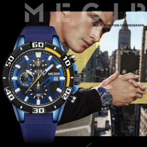 Blue chronograph watch on man.