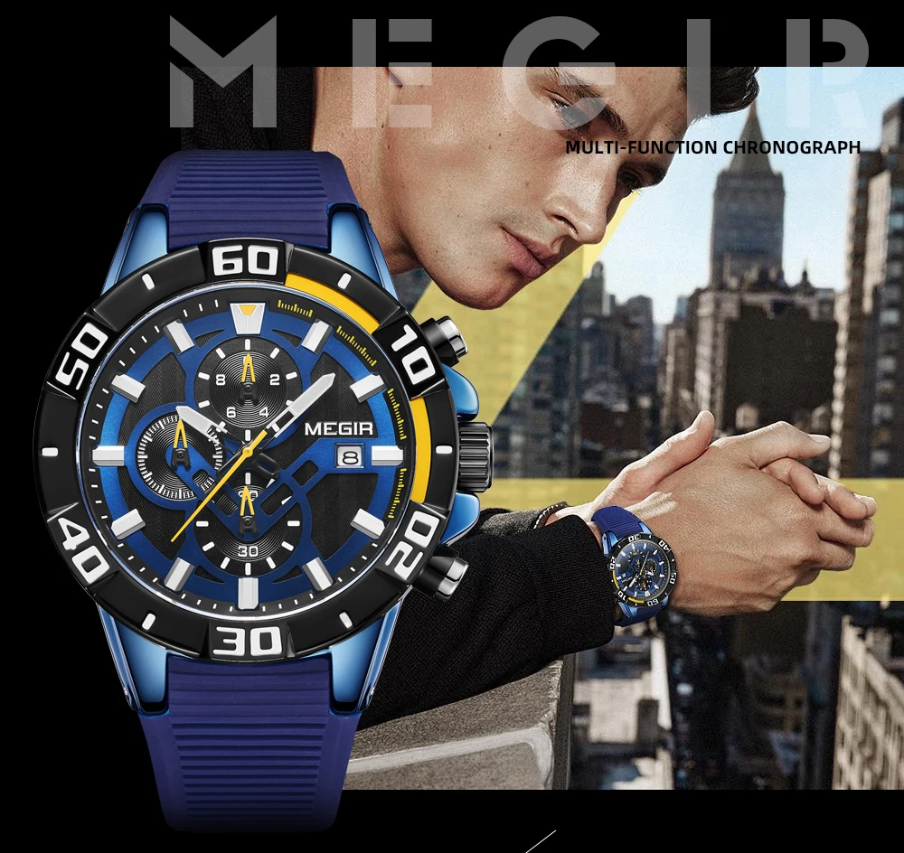 megir fashion quartz watch men luxury military sport wristwatch chronograph waterproof relogio masculino top brand clock 2121 Blue chronograph watch on man.