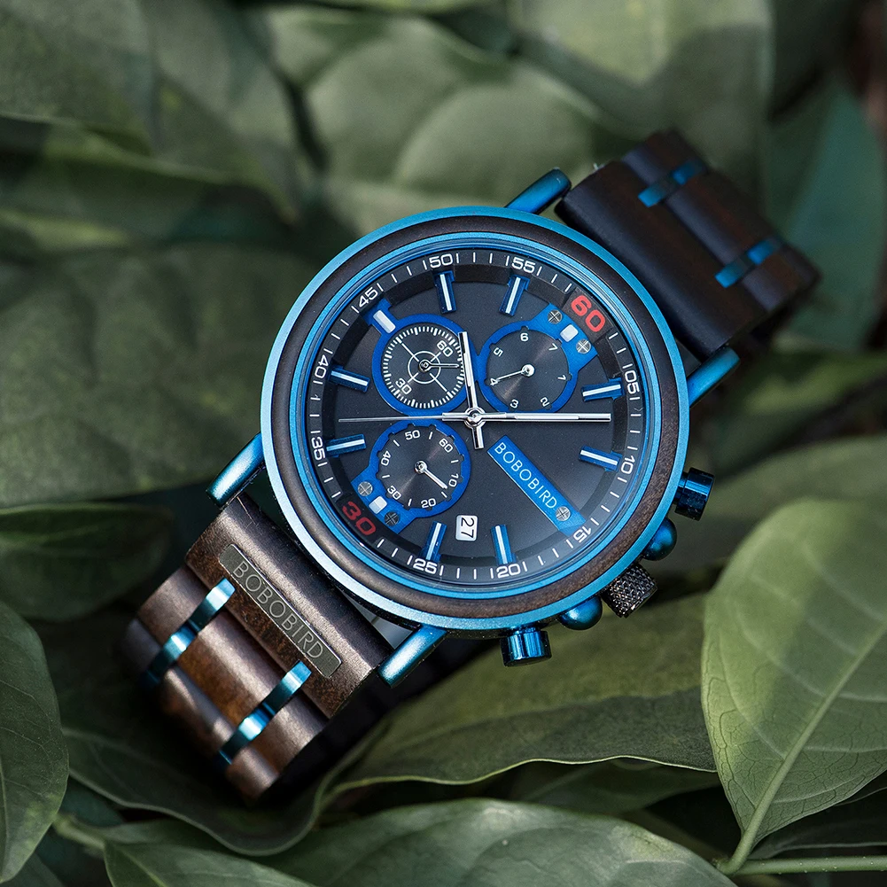 reloj hombre bobo bird new wooden watch men top brand luxury chronograph military quartz watches for man dropshipping customized Blue analog wood watch