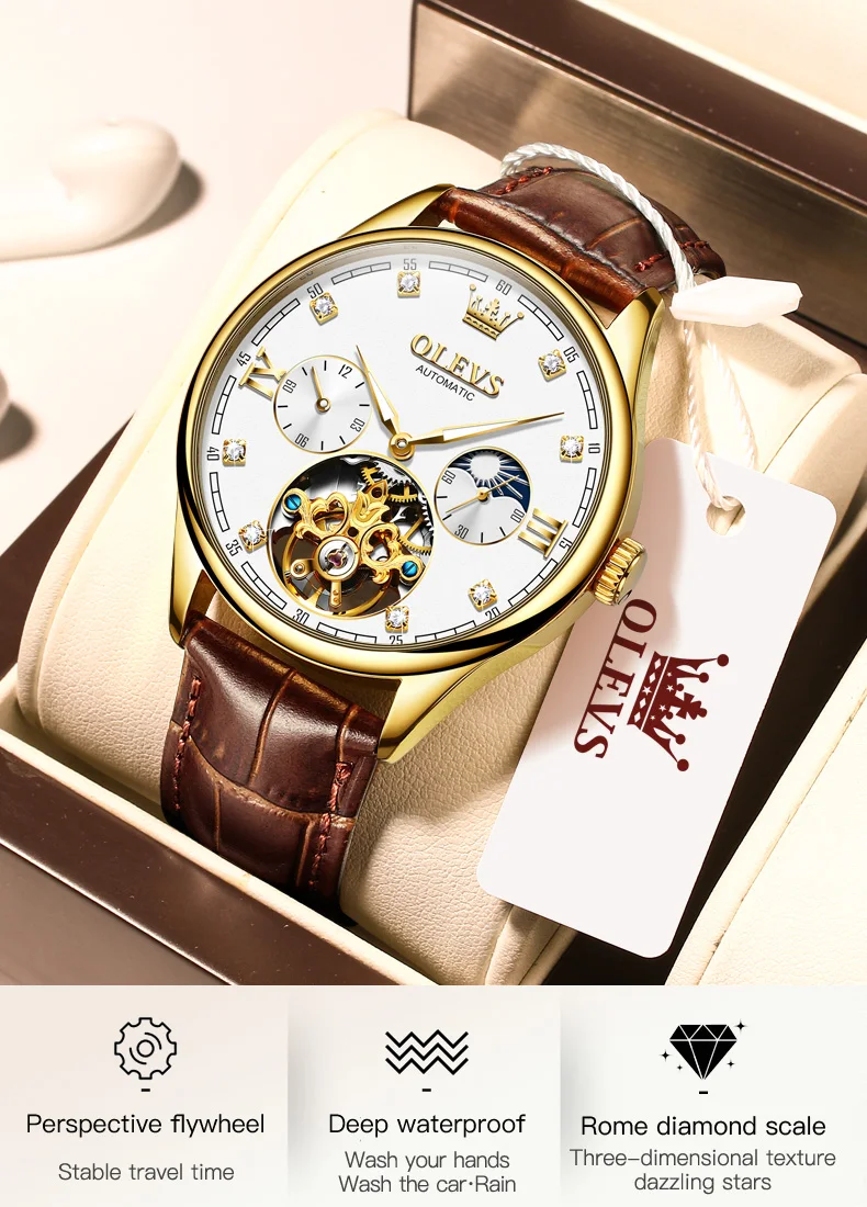 olevs brand gold blue classic moon phase automatic men watches tourbillon mechanical watch men leather waterproof reloj Gold automatic men's watch