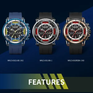 Men's watches in blue, black, gold.