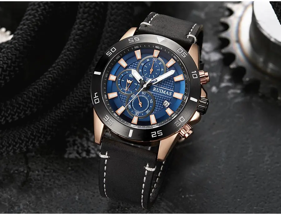 megir & ruimas 2020 chronograph quartz watches men fashion luxury leather strap wristwatch casual waterproof luminous watch man Blue face men's watch