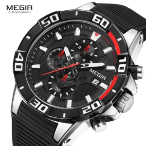 Black chronograph watch with red accents
