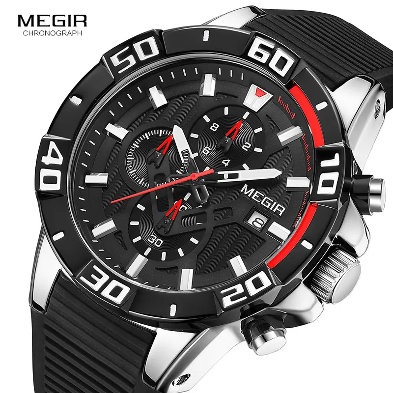 megir fashion quartz watch men luxury military sport wristwatch chronograph waterproof relogio masculino top brand clock 2121 Black chronograph watch with red accents