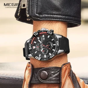 Black chronograph watch on wrist.