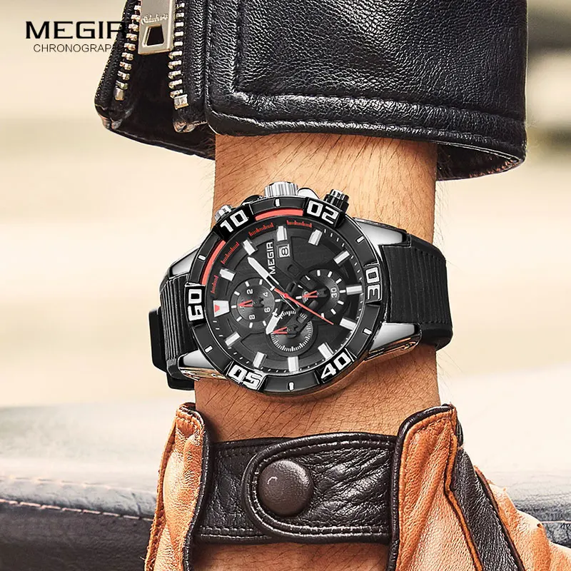 megir fashion quartz watch men luxury military sport wristwatch chronograph waterproof relogio masculino top brand clock 2121 Black chronograph watch on wrist.