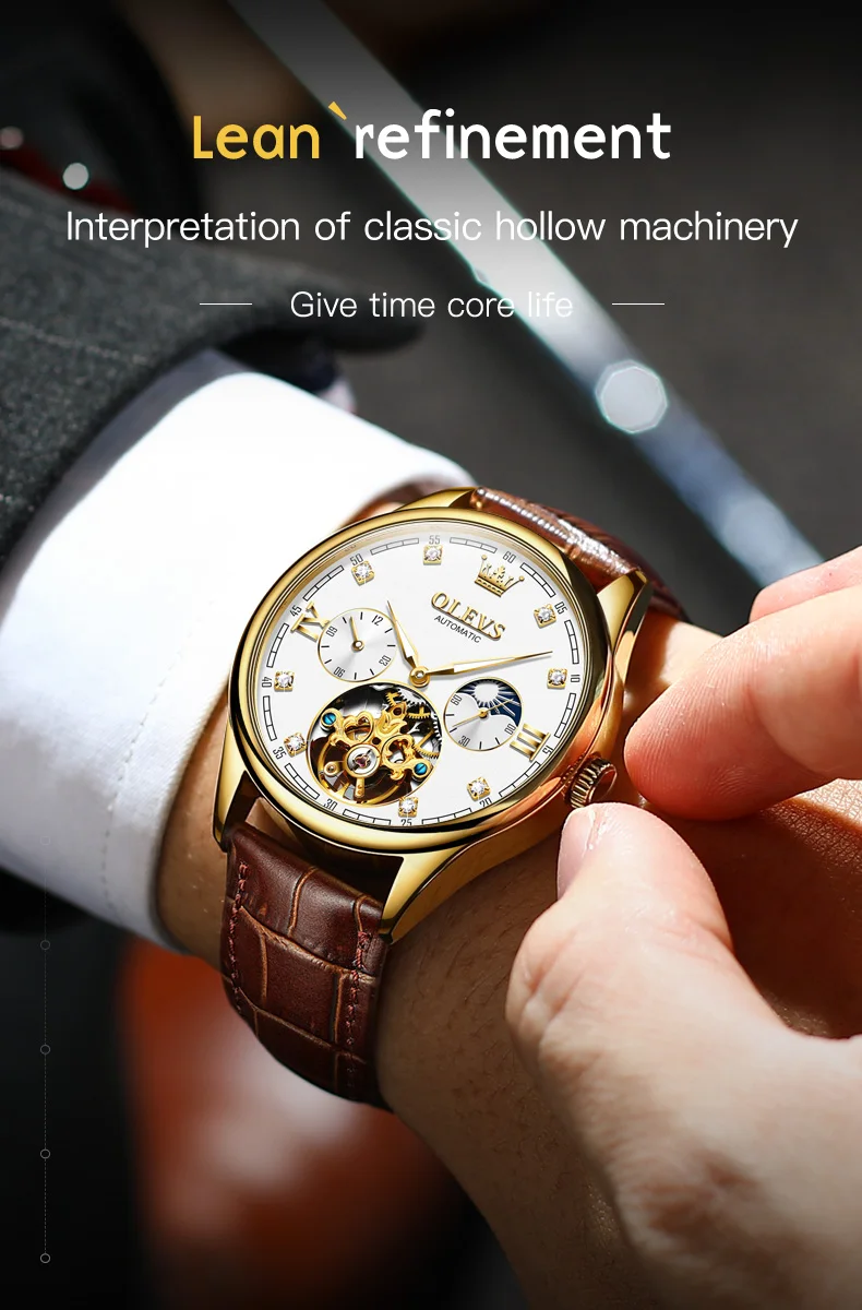 olevs brand gold blue classic moon phase automatic men watches tourbillon mechanical watch men leather waterproof reloj Gold automatic mechanical watch.