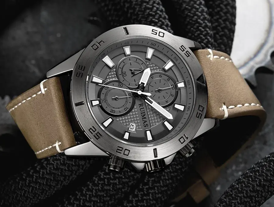 megir & ruimas 2020 chronograph quartz watches men fashion luxury leather strap wristwatch casual waterproof luminous watch man Men's chronograph watch with leather strap