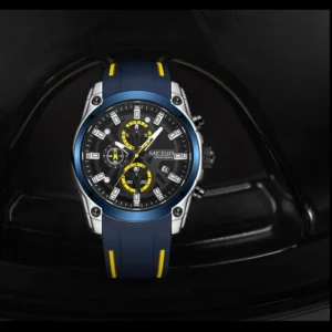 Blue and yellow chronograph watch