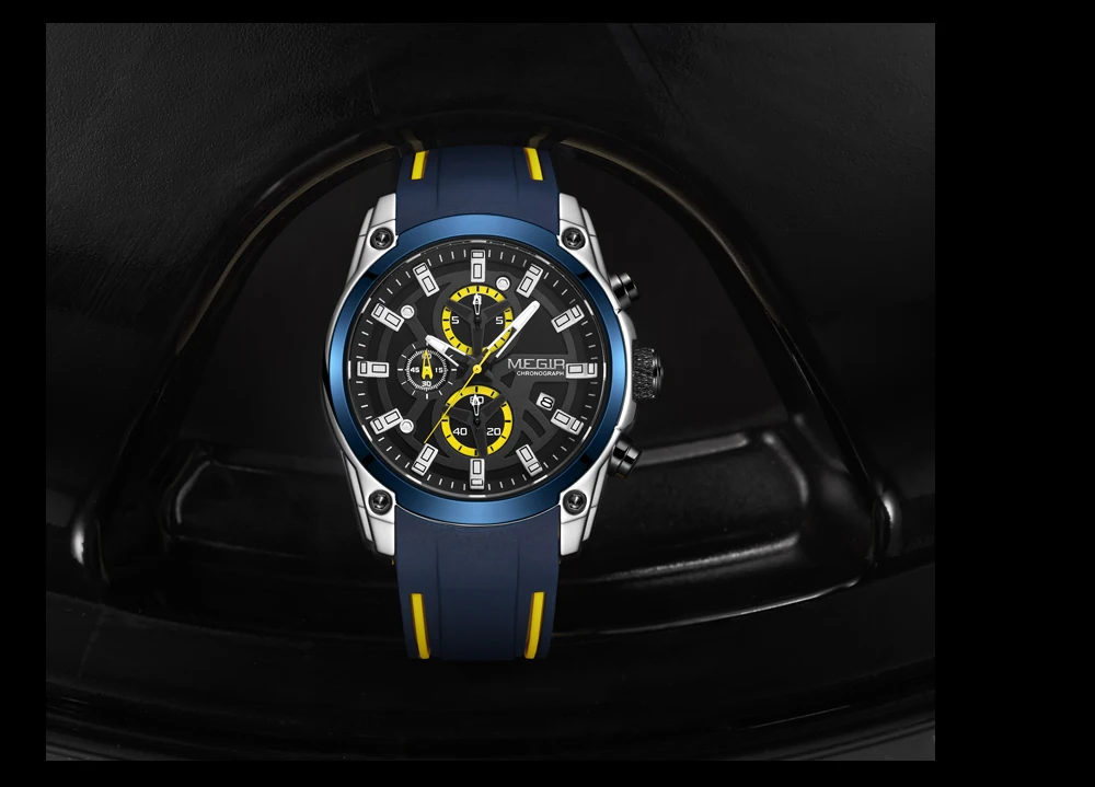 megir men's military sport watches men waterproof fashion blue silicone strap wristwatch man luxury top brand luminous watch Blue and yellow chronograph watch
