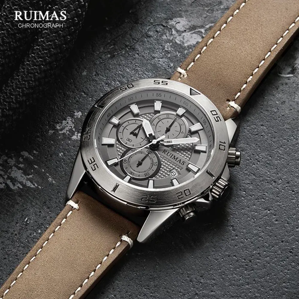 megir & ruimas 2020 chronograph quartz watches men fashion luxury leather strap wristwatch casual waterproof luminous watch man Men's chronograph watch with leather strap
