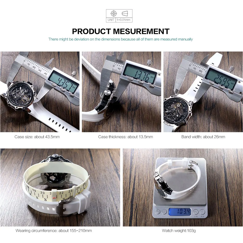 megir skeleton dial automatic mechanical watch men stainless steel case waterproof luminous sport wristwatch with silicone strap Watch measurements shown by caliper