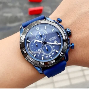 Blue chronograph watch on wrist