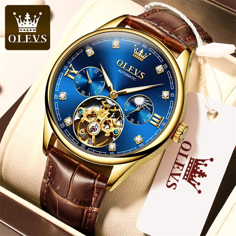 olevs brand gold blue classic moon phase automatic men watches tourbillon mechanical watch men leather waterproof reloj Gold blue automatic mens watch