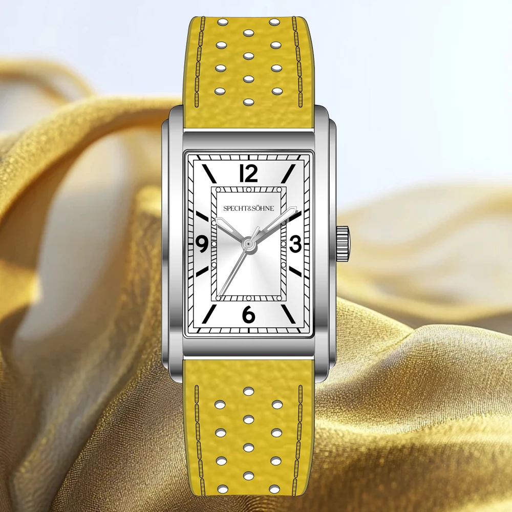 2025 new fashion specht & söhne square watch 28mm men's watches ultrathin vh31 movt casual watch 50m waterproof reloj hombre Rectangular watch with yellow strap.