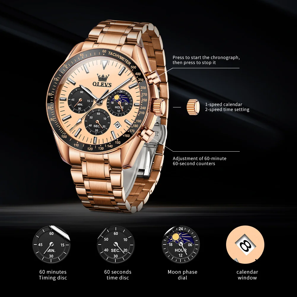 olevs brand new luxury rose gold quartz watch men stainless steel waterproof luminous date moon phase chronograph watches mens Rose gold chronograph watch features