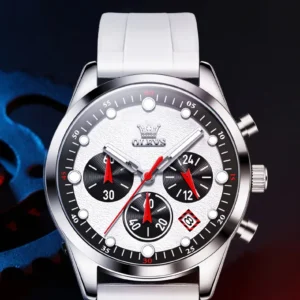Silver chronograph watch with white band