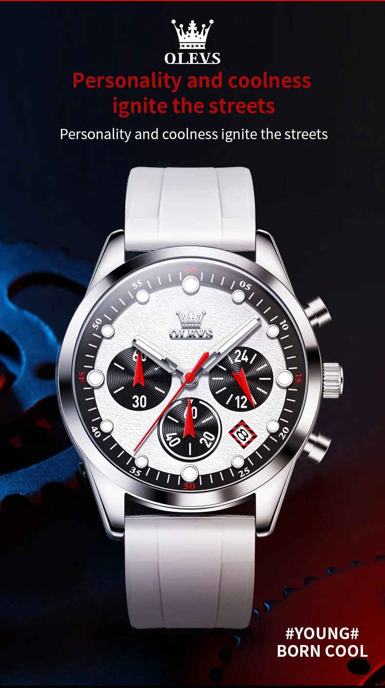 olevs brand sports quartz watch for men fashion silicone strap waterproof luminous chronograph watches mens relogio masculino Silver chronograph watch with white band