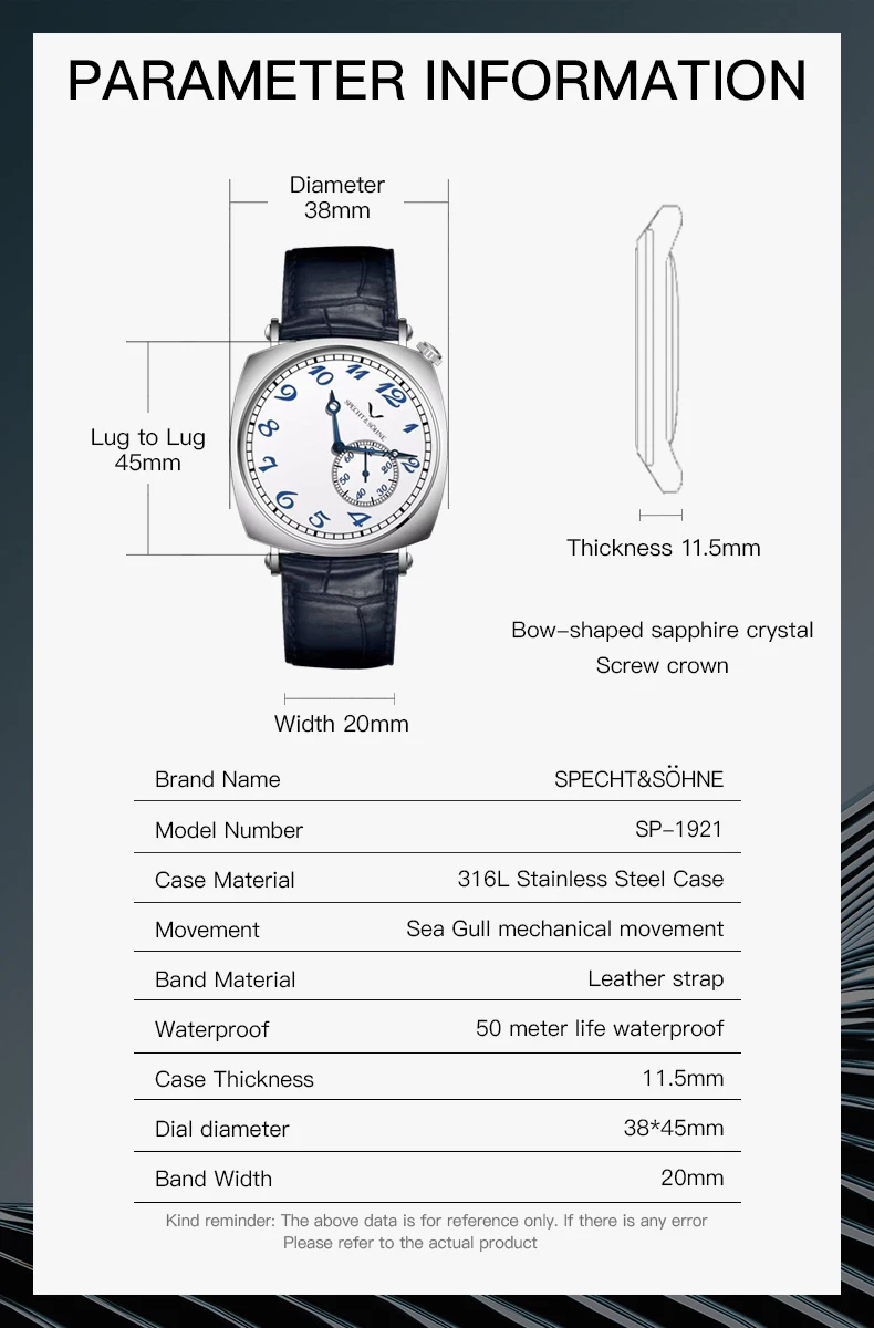 new luxury specht & söhne 1921 classic vintage men's automatic mechanical watch sapphire crystal genuine leather waterproof Watch specifications diagram