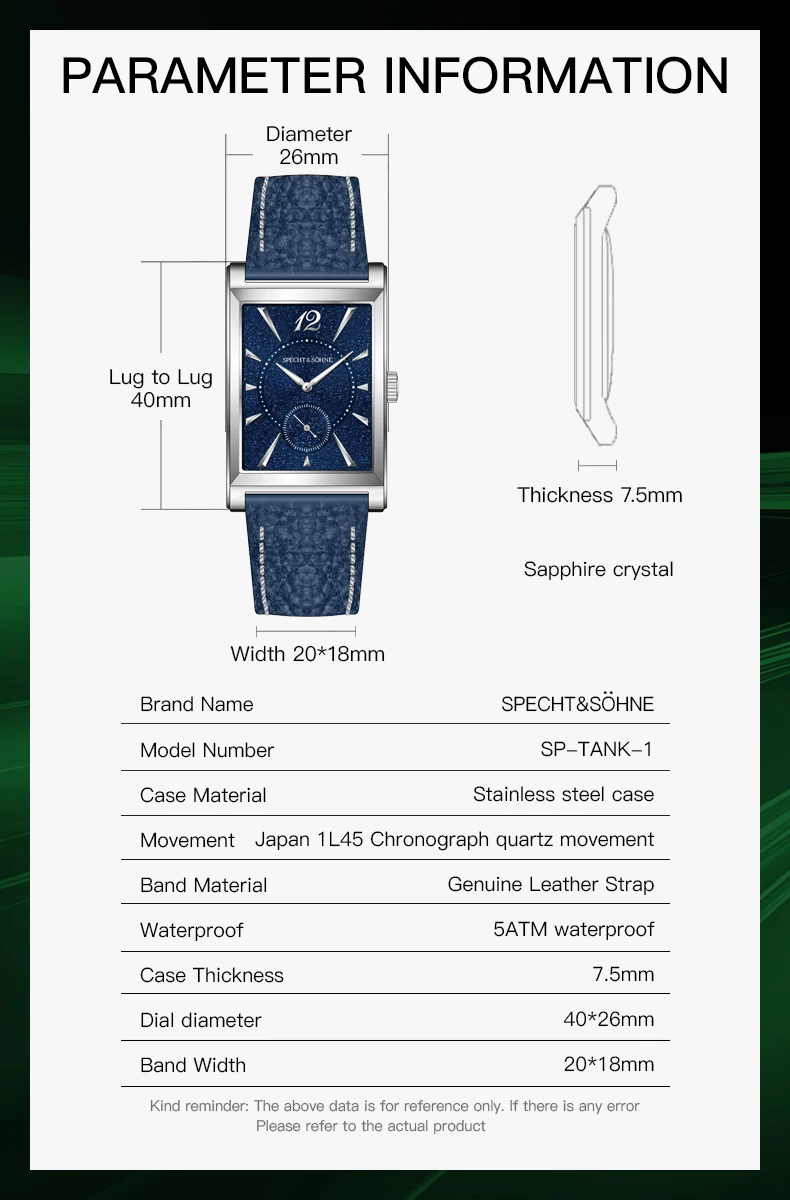 2025 new fashion specht & söhne square watch men's watches ultrathin japan movt casual men watch black color reloj hombre 26mm Watch specifications table