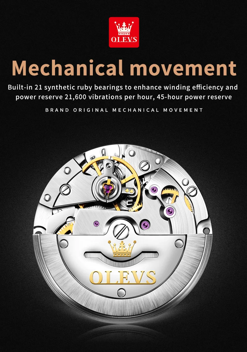 olevs tourbillon moon phases watch men luxury sports waterproof automatic mechanical wristwatch calendar week men's watches Mechanical watch movement detail