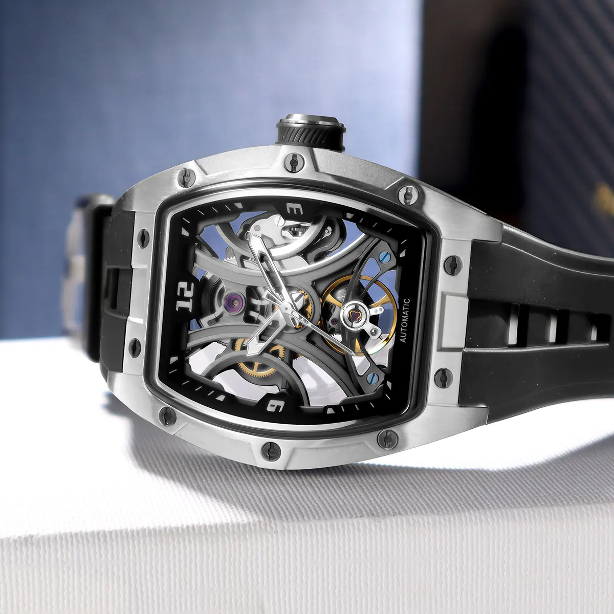 megir sports style automatic mechanical watch for men full hollow transparent dial design stainless steel case silicone strap Skeleton watch with black strap