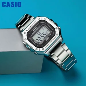 Digital silver watch with metal band