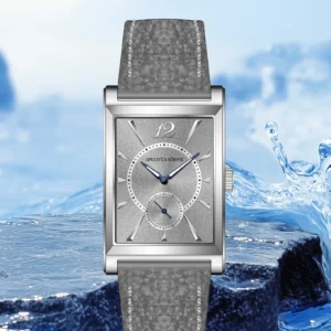Rectangular watch with grey strap