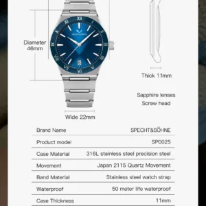 Blue dial watch dimensions and specs