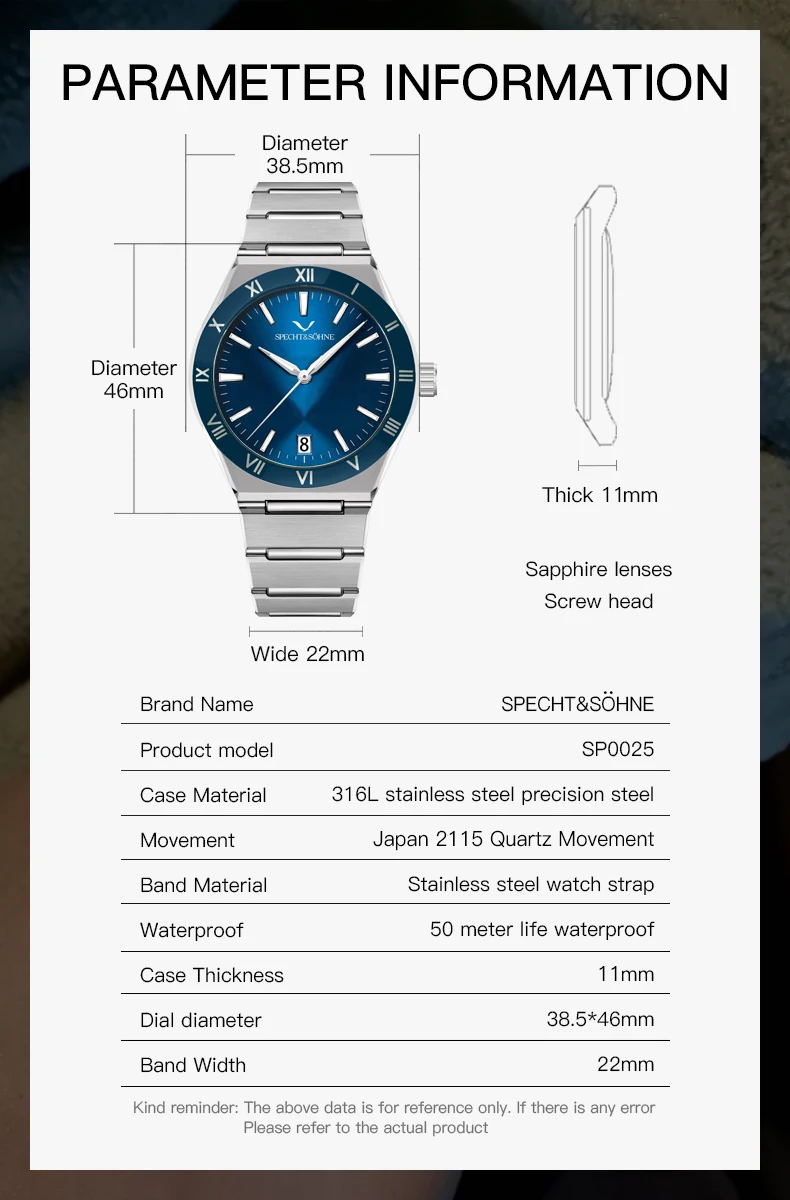 specht & söhne new hot selling mens watches 38mm japan quartz wristwatches stainless steel watch relogio masculino waterproof Blue dial watch dimensions and specs