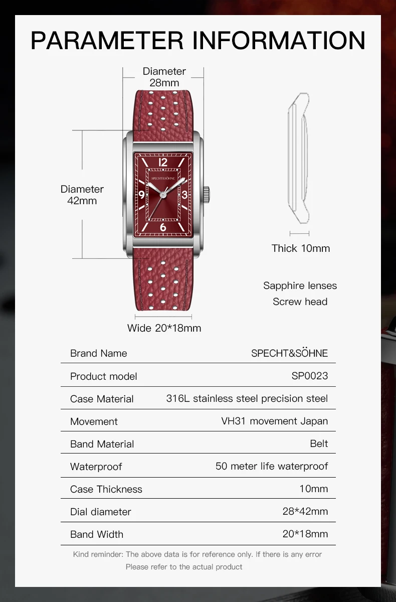 2025 new fashion specht & söhne square watch 28mm men's watches ultrathin vh31 movt casual watch 50m waterproof reloj hombre Red watch specifications diagram