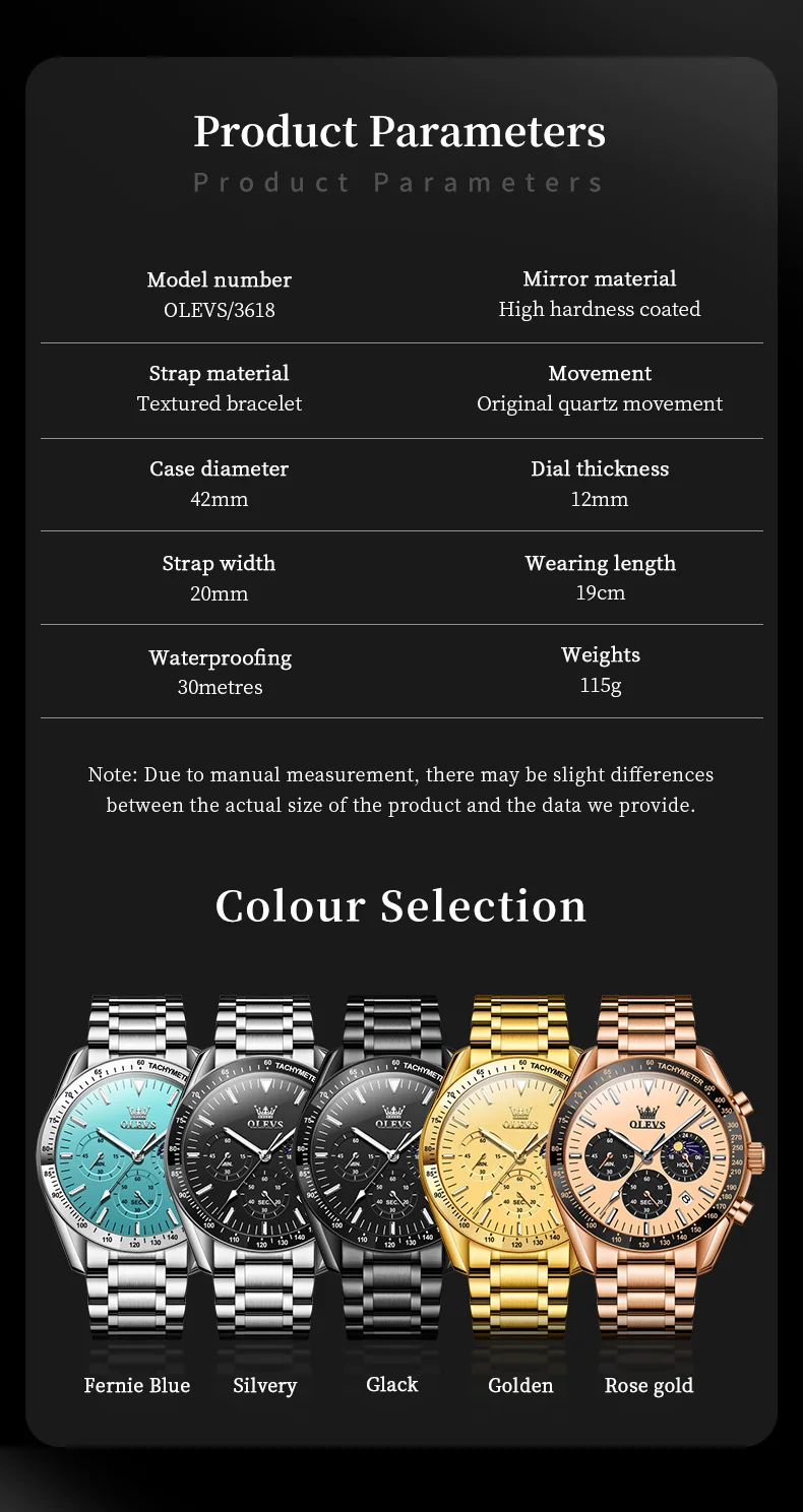 olevs brand new luxury rose gold quartz watch men stainless steel waterproof luminous date moon phase chronograph watches mens Watch color selection chart