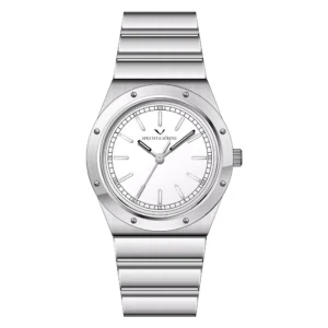 Silver metal watch with white face