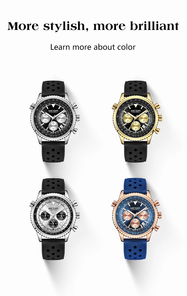 megir silver black quartz watch men military sport chronograph wristwatch with silicone strap luminous hands auto date 2236 Stylish watches in different colors