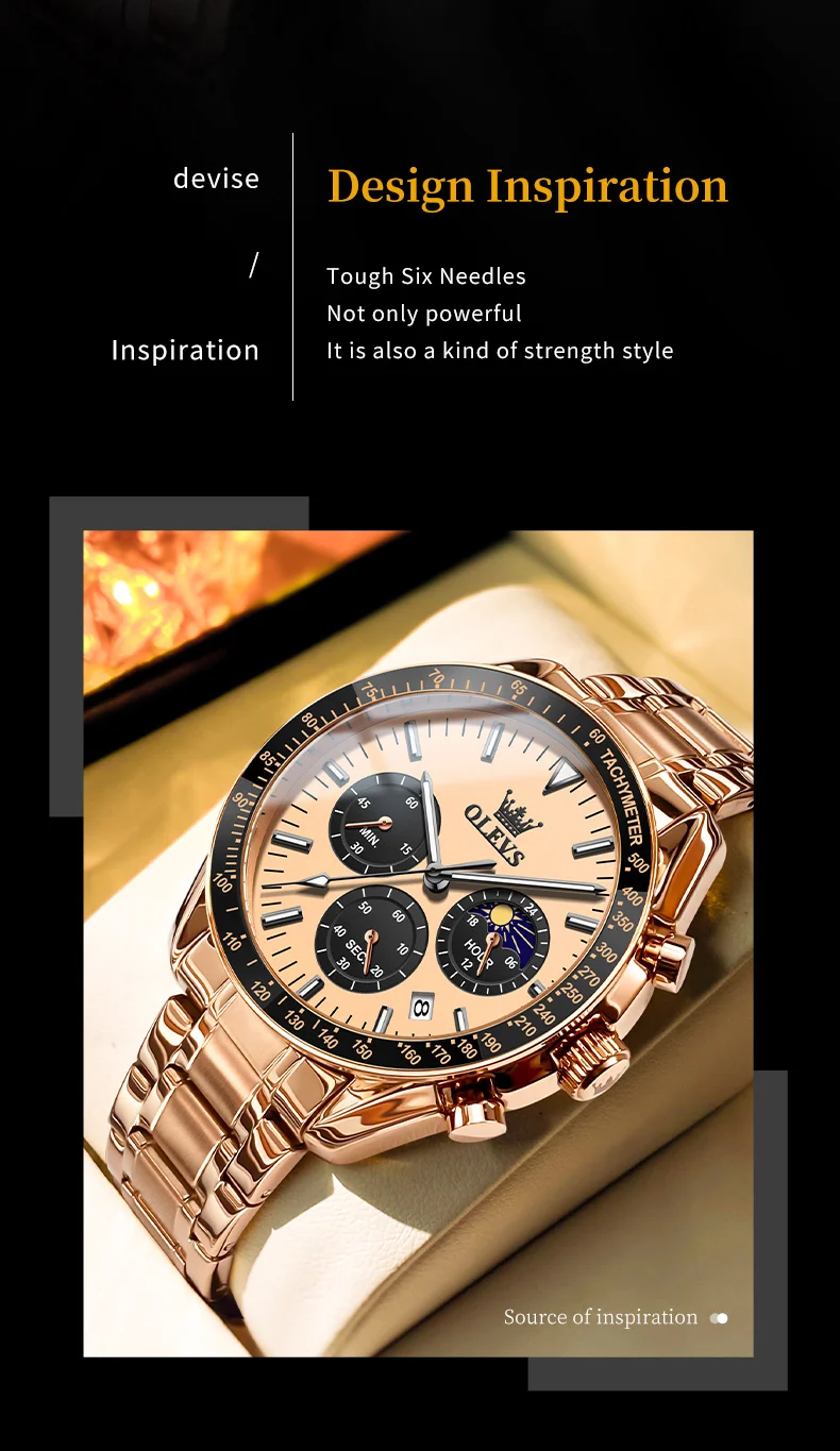 olevs brand new luxury rose gold quartz watch men stainless steel waterproof luminous date moon phase chronograph watches mens Gold chronograph watch with moonphase