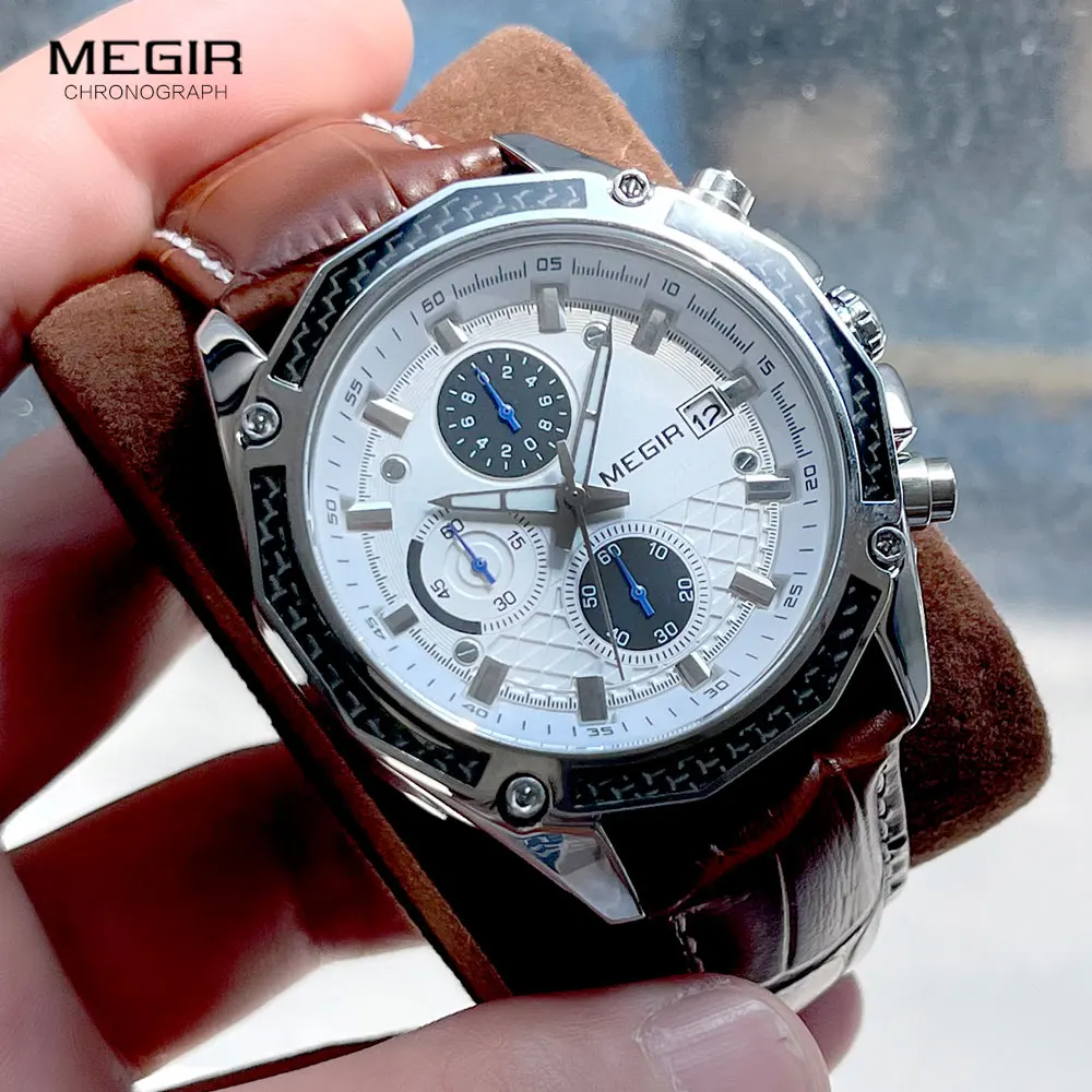 megir quartz male watches genuine leather watches racing men students game run chronograph watch male glow hands for man 2015g Silver chronograph watch with leather strap
