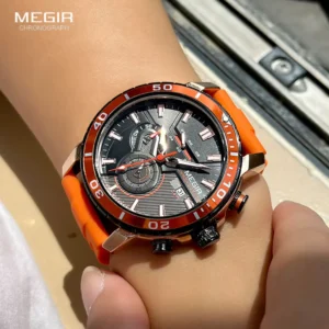 Orange sports watch on wrist