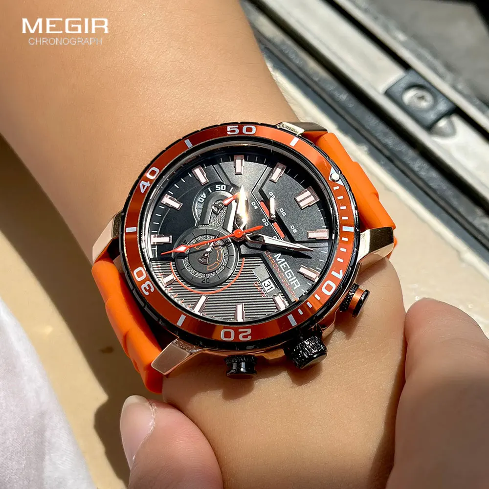 megir orange sport watch for men fashion waterproof silicone strap chronograph quartz wristwatch with auto date luminous hands Orange sports watch on wrist