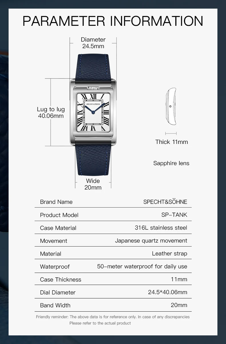 new luxury specht & söhne men's watch shell dial double face quartz watch 316l stainless steel wristwatch for men 50m waterproof Watch specifications and diagram.