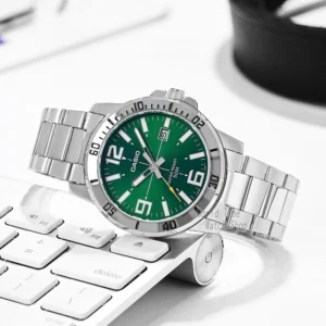 Green dial silver wristwatch