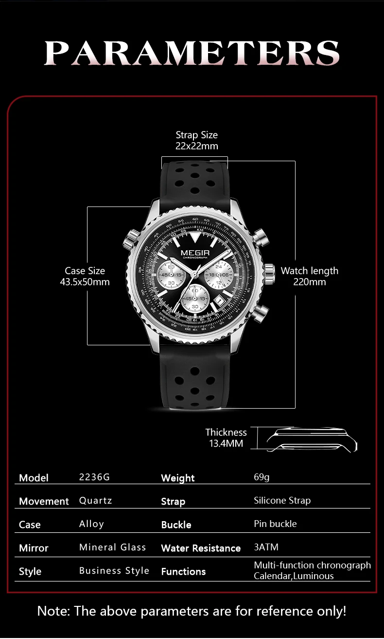 megir silver black quartz watch men military sport chronograph wristwatch with silicone strap luminous hands auto date 2236 Watch specifications and diagram