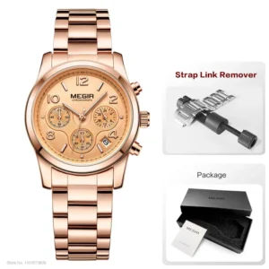 Rose gold chronograph watch and tools.