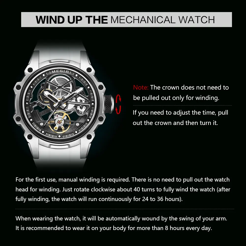 megir skeleton dial automatic mechanical watch men stainless steel case waterproof luminous sport wristwatch with silicone strap Mechanical watch winding instructions