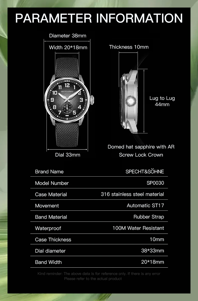 specht & söhne new automatic mechanical watch for men green color rubber strap sapphire crystal c3 luminous 38mm sports watches Watch specifications: diameter 38mm