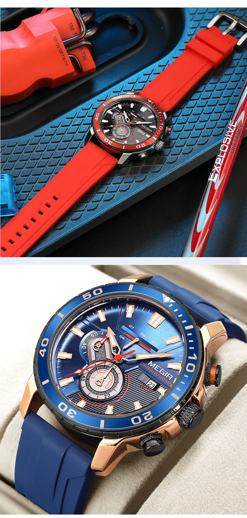 megir orange sport watch for men fashion waterproof silicone strap chronograph quartz wristwatch with auto date luminous hands Stylish chronograph watch display.