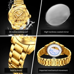 Golden watch features highlighted.